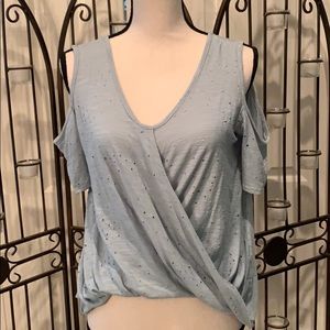 Sea foam green cold shoulder knit top